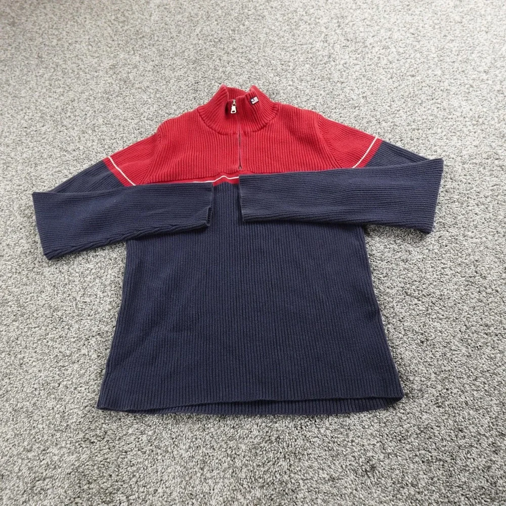 VTG Ralph Lauren Sweater Mens‎ XL Red Blue Polo Jeans Pullover 1/4 Zip Mock Neck